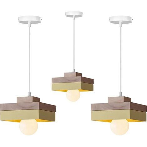 3x Moderne Suspension Luminaire Industriel,Lustre Rglable Vintage Abat-jour en Bois Design Carre Jaune 18cm Plafonnier Retro (1/5)