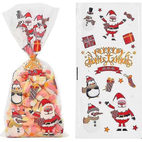 50 Stück transparente PVC-Geschenktüten mit Weihnachtsmann-, Weihnachtsbaum- und Elchmotiven für Weihnachtsgeschenke, Backwaren, Süßigkeiten und Kekse-Style13