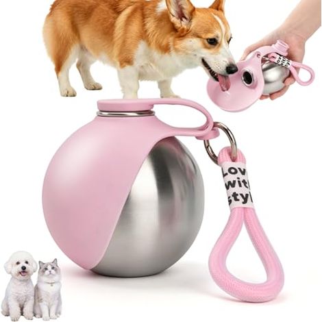 Borraccia per cani da passeggio, 285 ml, in acciaio inossidabile, a prova di perdite, con ciotola in silicone pieghevole, portatile, ideale per passeggiate, viaggi e campeggio. (1/5)