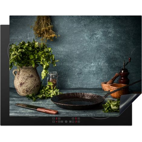 PROTECTOR DE PLACAS DE INDUCCIÓN Hierbas - Especias - Sartén - Cuchillo - Gris - Rústico Tapa Protectora De Cocina 77x59 cm