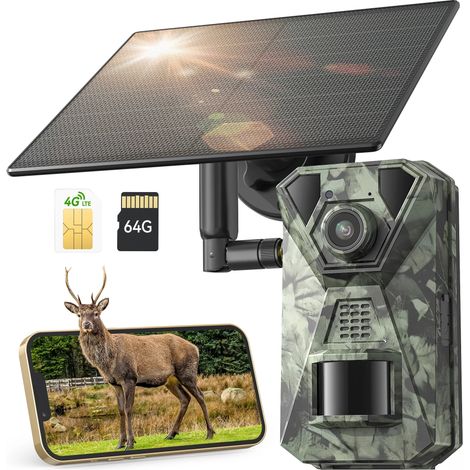 Caméra de Chasse Solaire 4G LTE avec Carte SIM et Carte Micro SD 64 Go Incluse, Caméra Piège Photo 2.7K, Contrôle par Application, Détecteur de Mouvement PIR, Vision Nocturne (1/5)
