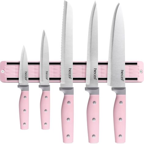 5 Pièces Set Couteau Cuisine avec Porte Couteaux Aimanté (33 cm), Couteaux de Cuisine en Acier Inoxydable, Aimant Couteau Mural pour Les Couteaux et Les Ustensiles (Rosa) (1/5)