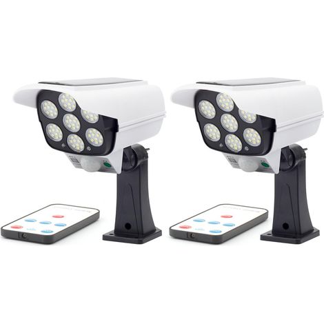 Lot de 2 lampes solaires à 77 LED avec détecteur de mouvement et fausse caméra, pour jardin extérieur, étanches et télécommandées. (1/5)