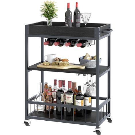 Chariot de service, chariot de cuisine, chariot de bar avec roulettes, chariot à vin avec porte-bouteille, 3 étages, chariot à boissons pour salon, salle à manger, cuisine, bar, fête, grain de (1/5)