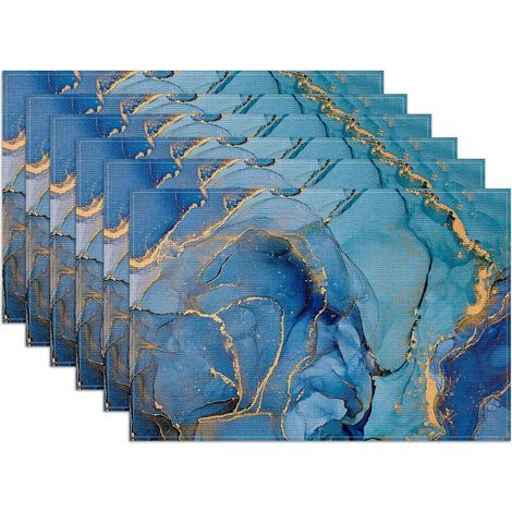 Manteles individuales de mármol azul y dorado, juego de 6 manteles individuales de poliéster de 45 x 30 cm, lavables, resistentes a las manchas, manteles individuales decorativos (1/5)