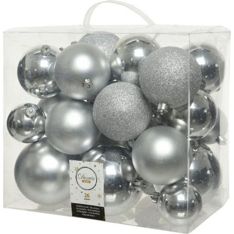 CAJA DE 26 BOLAS PLATEADAS VARIOS TAMAÑOS Ø6cm/Ø8cm/Ø10cm (1/2)