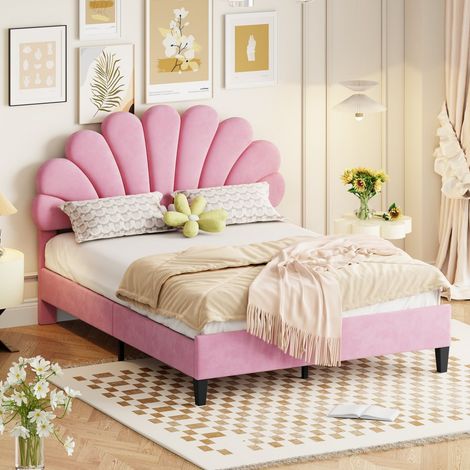 Lit 140x200 cm - Lit double 140x200 en velours - Lit plateforme rembourré tête de lit fleur et sommier - Rose (1/5)