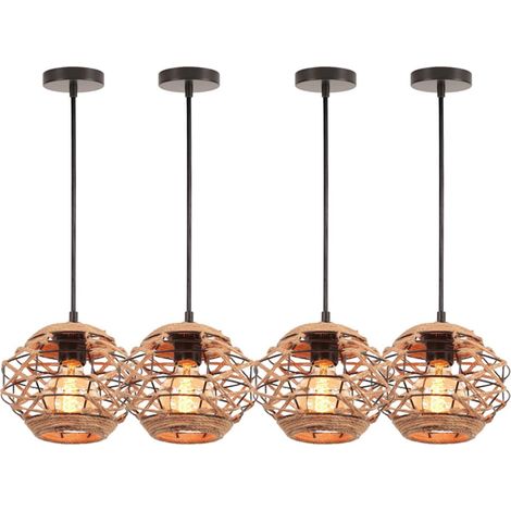Suspension Luminaire Industriel IDEGU - Vintage - Cage Corde de Chanvre - 4 Ampoules E27 - Noir
