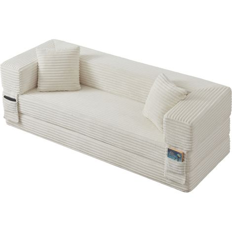 Canapé convertible 200x152x42 cm en tissu velours côtelé blanc, dépliable pour salon - FLORAGRACE (1/5)