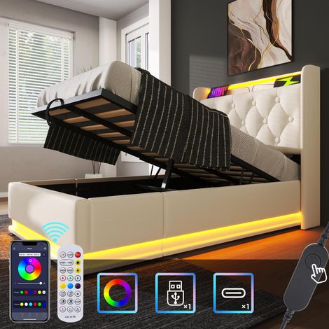 , Lit simple capitonné, éclairage LED à 360°, commande par bouton-poussoir/application/télécommande, 90x200cm, revêtement en polyuréthane blanc, sommier à rangement hydraulique... (1/5)