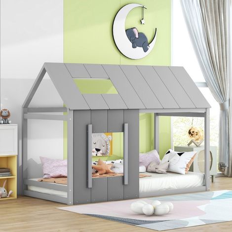 Lit Cabane 90x200cm - Lit Enfant 90x200 en Bois avec Toit et Fenêtre – Style Scandinave – Gris Foncé et Gris Clair (1/5)