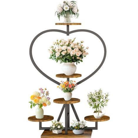 Étagères à Fleurs en Métal à 5 Niveaux Porte Plantes en Forme de L‘amour Design, Plateaux en Bois Vintage Décoration-pour Maison Balcon Jardin Terrasse