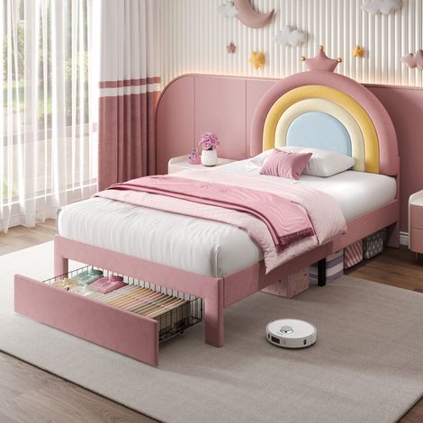 3ft Single Upholstered Bed with Adjustable Rainbow Headboard, Soft Velvet Bed Frame with Storage Drawer, Stylish Rainbow Headboard with Crown, No Box Spring Needed, Easy Assembly, Pink (No Mattress)