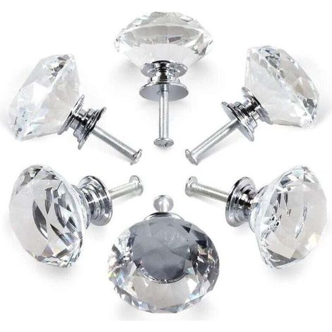 6 poignées cristal, poignées de porte d'armoire à tiroir, diamant 30 mm, verre cristal, pour cuisine salle de bain bibliothèque (1/4)