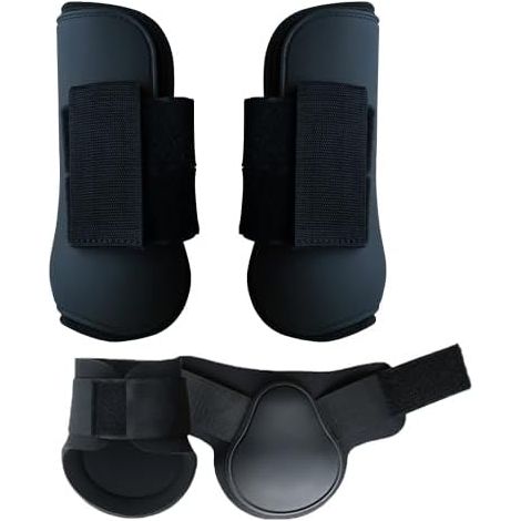 Set di 4 fasce per zampe da cavallo - Per la parte anteriore e posteriore, guscio rigido con chiusura in velcro - Per uomo e donna - Realizzate in poliuretano resistente ed elastico - Taglia S - Nero