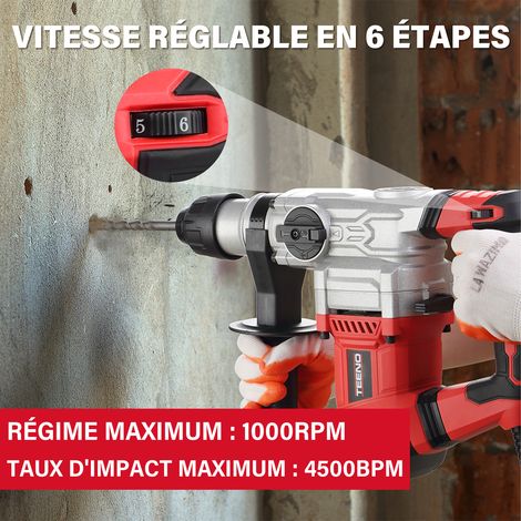 Teeno – Marteau perforateur 1500W 7J – 6 vitesses – Mandrin SDS Plus rapide – Embrayage de sécurité – Technologie anti-vibration – Pour béton et maçonnerie — vue 4