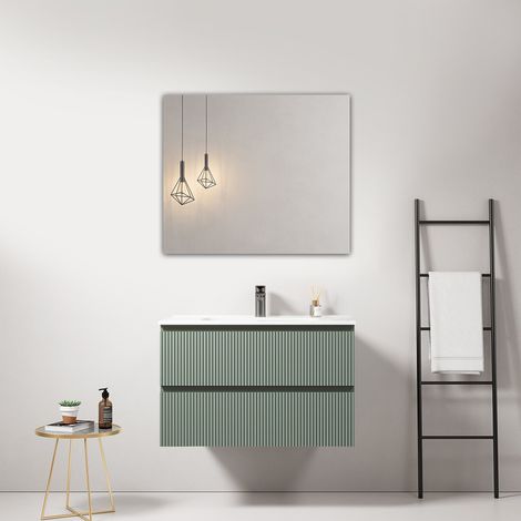 Mobile bagno sospeso cannettato 80 cm Verde Salvia Lavabo in Ceramica Specchio Quadro - Fiji Paint (1/4)