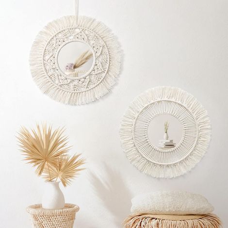 Hanging Wall Mirror Wall Decor with Macrame Fringe Wall Mounted 2 Set Round Mirror Wall Hanging Boho Decor for Apartment Home Bedroom Living Room (Beige, 2pcs) (1/5)