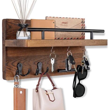 Porte-clés mural décoratif avec 5 crochets à clés, porte-clés mural pour mur avec porte-clés de courrier, organiseur de courrier en bois avec étagère, couloir, bureau (1/5)