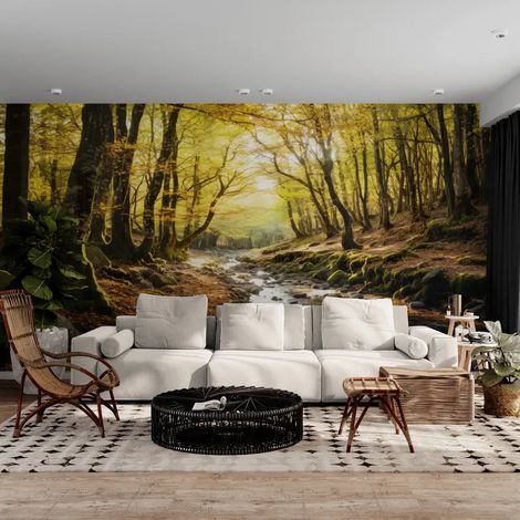Papier Peint Forêt - Chemin Doré en Automne - 150 x 250 cm (1/2)