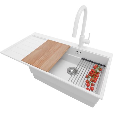PRIMAGRAN Evier Cuisine en Granit 90x50cm,Lavabo 1 bac + Robinet 40x20cm + Kit de Vidage + Accessoires, Évier à Encastrer au meuble 60cm - Sydney, Blanc (1/5)