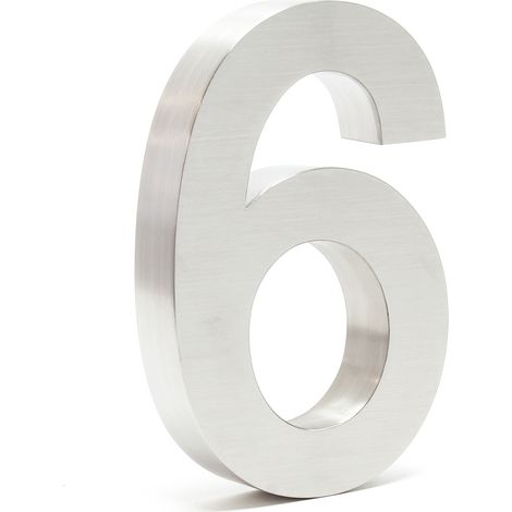 Wiltec Número de casa "6" acero inoxidable 20 cm moderno diseño 3D tipo Arial para fachadas y exteriores de casas de casas, material de montaje incluido