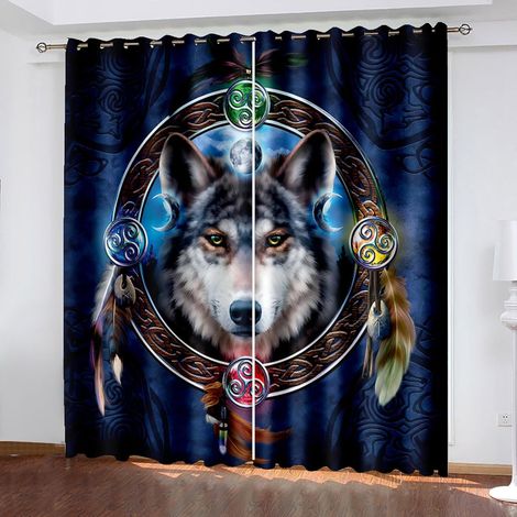 Rideaux à œillets pour chambre d'enfant -Animaux loup attrape-rêves plumes 170 x 200 cm -Rideaux 3D -Rideaux perforés opaques d'intérieur -Isolation et réduction du bruit -Applicable à la chambre - 67 (1/5)