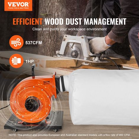 Collecteur de poussière, débit d'air 1HP 460 CFM, sac de collecte de poussière 80 L, filtration de sac 2,5 μm, conteneur de poussière de bois mobile d'atelier industriel avec poignée et roues (1/5)