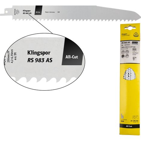 Klingspor RS 983 AS Säbelsägeblätter, 230 x 25,4 x 1,57 mm Nutzlänge 210Bi-Metall, gefräst, geschränkt , 4-6 Zähne pro Zoll, SB-verpackt im Karton