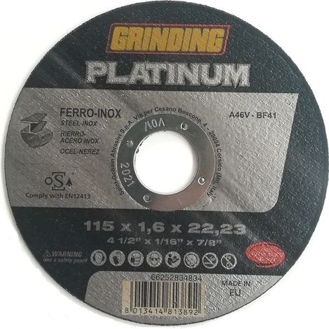 DISCO ABRASIVO TAGLIO FERRO PLATINUM GRINDING - MM 115X22,2 H.MM 1,6 - 25 pezzi (1/4)
