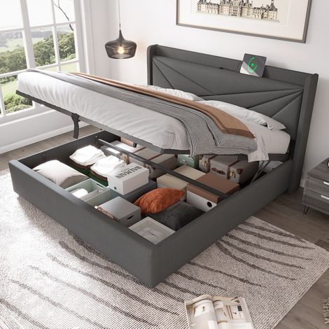 Cama doble 180x200 cm gris tapizada con cabecero geométrico, USB y almacenaje (1/5)