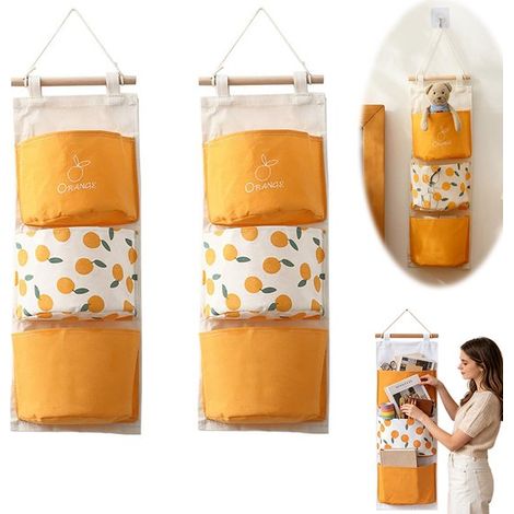 Lot de 2 sacs de rangement suspendus - Organisateur mural en tissu - Organisateur de porte - 3 compartiments - 58 x 20 cm - orange - Installation sans perçage - Rangement mural pour chambre et chambre (1/5)