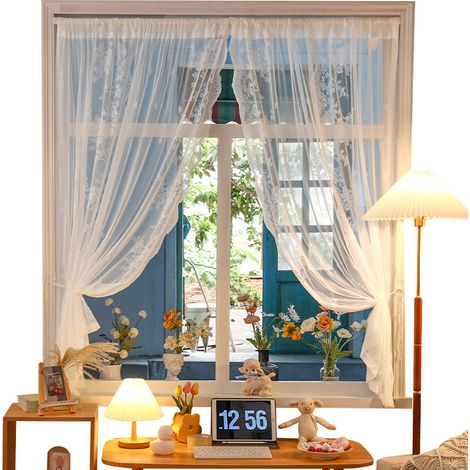 Rideau en dentelle blanc transparent à fleurs pour cuisine style maison de campagne, rideau de fenêtre pour balcon, HxL 200x130cm 1 pièce (1/4)