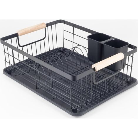 Matte Black Dish Drainer - High-Quality Dish Drainer with Wooden Handles - Stainless Steel Dish Rack for Sink (1/5)