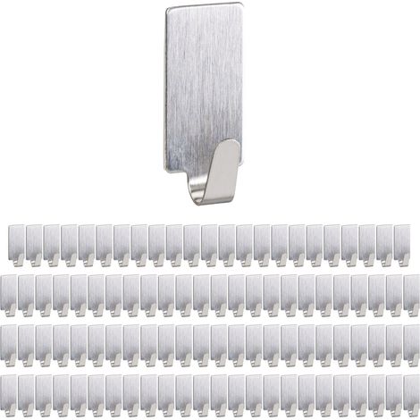 96 Ganchos Autoadhesivos Rectangulares, Colgadores de Acero Inoxidable, Extraíbles, Cocina y Baño, Plateado