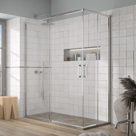 Paroi de douche accès en angle 2 verres fixes + 2 portes coulissantes YOKO 140 x 90 cm