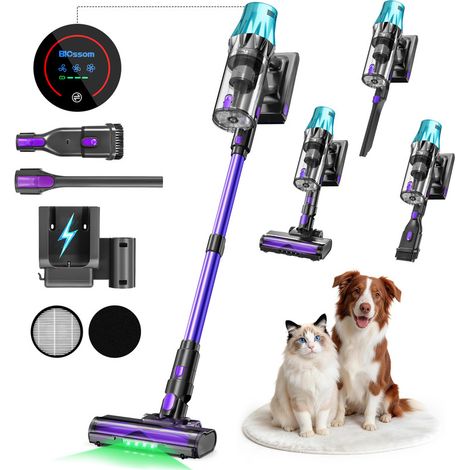 BLOSSOM - Aspirateur balai sans fil 55000 Pa - 600W - Autonomie 25-55 min - Écran LED - Brosse anti-emmêlement - Pour tous types de sols - Bleu et Violet