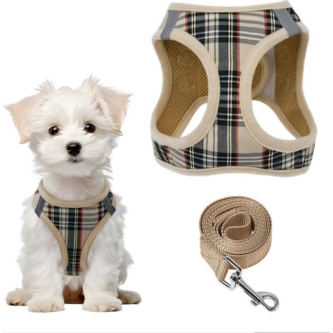 Step-in Harnais pour Petit Chien Anti-Traction Tissu Doux à Carreaux Réfléchissant avec Boucle de Sécurité et Rembourrage Confort Harnais Gilet pour Chiot, Chats, Chihuahuas, Beige XS (1/5)