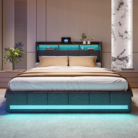 Polsterbett 180x200 cm mit Schubladen, RGB-LED sowie USB- und Type-C-Anschlüssen, modern, Leinenstoff, Grau