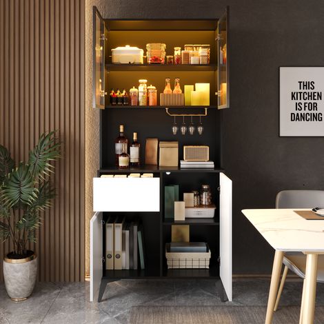 Meuble de rangement en MDF noir et blanc, vitrine buffet avec éclairage LED intégré, armoire haute polyvalente pour salon et salle à manger, étagères en verre, design moderne. (1/5)