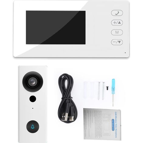 Caméra de sonnette vidéo sans fil 2,4 G avec écran d'affichage Kits de visiophone IPS de 4,3 pouces Vision nocturne Interphone bidirectionnel pour villa, maison, bureau, appartement Blanc. (1/5)