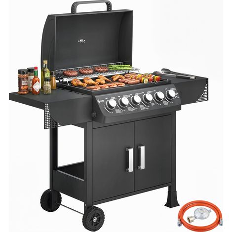 Outsunny barbacoa de gas con 6 quemadores 15 kw, termómetro, mesas laterales, armario, rejilla calentadora, parrilla, recogedor grasa, 2 ruedas, negro
