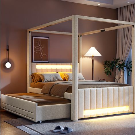 Letto a baldacchino imbottito 140x200 cm beige in lino e MDF con letto estraibile, 3 cassetti e LED