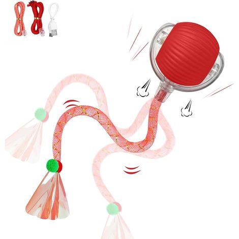 Jouet Chat Interactif,Balle Chat Jeux pour Chat Interieur,Queue Qui Clignote et Bouge Rapidement, il Réveille l'instinct de Chasseur du Chat/Chien (Red) (1/5)