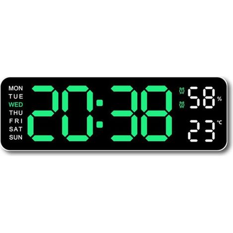 Grande Horloge Murale Numérique Température et Humidité Affichage de la Semaine Réveil de Table Électronique LED 12/24H Vert (1/4)