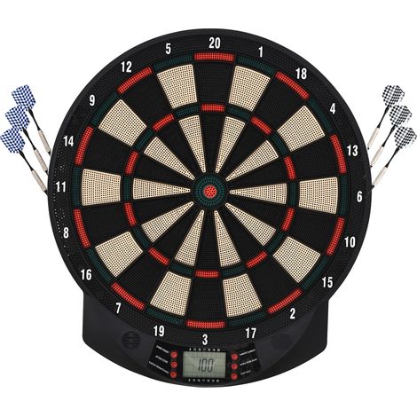 Elektronische Dartscheibe automatische Wertung Dartboard Dart-set mit 6 Darts 30 Dartköpfe 26 Spiele und 185 Trefferoptionen für 8 Spieler Soundeffekte Schwarz 44 x 39,5 x 2,2 cm