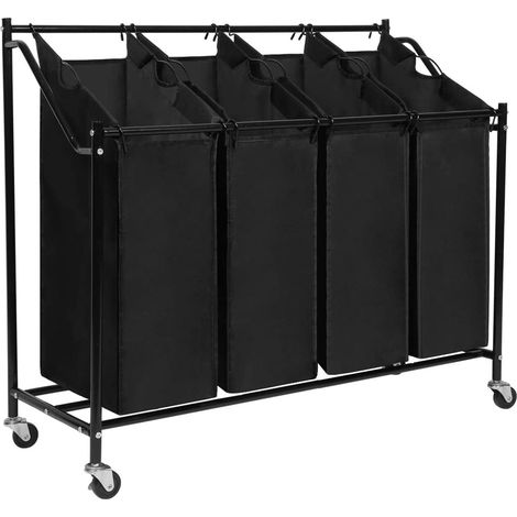 Panier à linge sur roulettes 4 x 35 L chariot à linge avec 4 poches en tissu amovibles noir Mondeer (1/5)