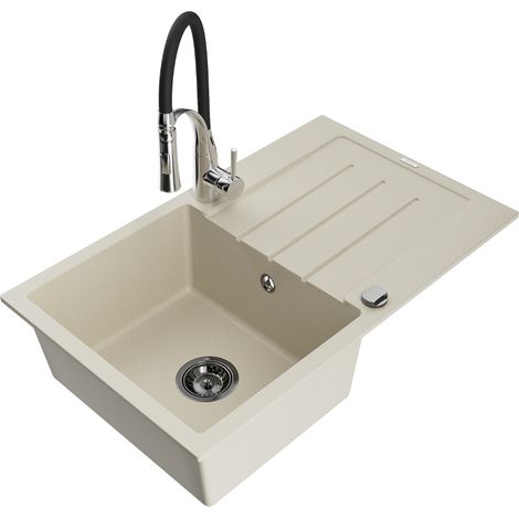 Mexen Bruno évier en granit 1 bac avec égouttoir et robinet de cuisine Aster, beige - 6513-69-73450-07-B (1/5)