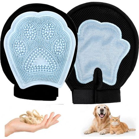 Set di 2 guanti per la toelettatura di cani e gatti, azzurri, per peli di animali domestici. Adatti a cani e gatti. (1/5)