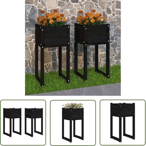 The Living Store Pflanzkübel 2 Stk. Schwarz 40x40x81 cm Massivholz Kiefer - Blumentopf - Kiefernholz - Gartenmöbel - Balkonpflanzen - Outdoor Deko (1/5)